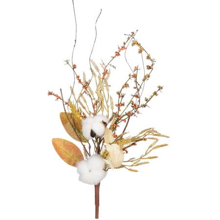 Cotton And Leaves Floral Pick - Cotton, Plastic, Wire, Fabric