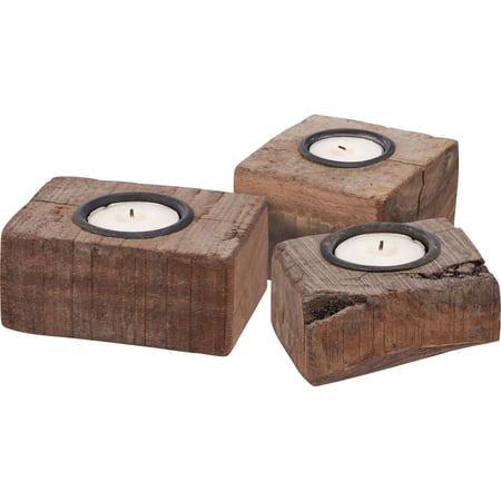 Wood Block Candle Holder - Wood, Metal