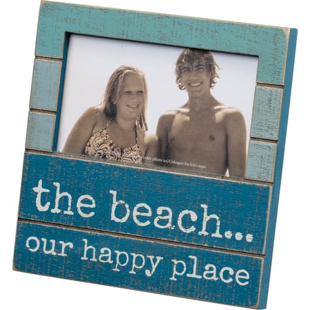 The Beach Our Happy Place Slat Photo Frame - Wood, Glass, Metal