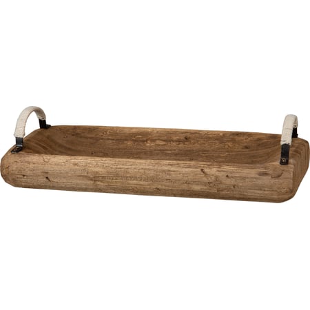 Wooden Rectangle Tray - Wood, Metal, Jute