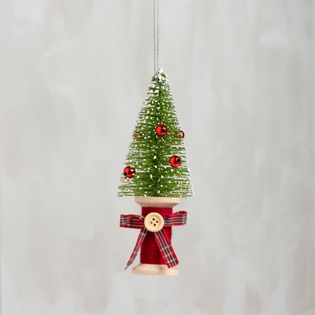 Tree On Spool Ornament - Bristle, Wood, Glass, String, Glitter