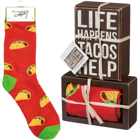 Life Happens Tacos Help Box Sign And Sock Set - Wood, Cotton, Nylon, Spandex, Ribbon