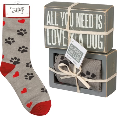 Love And A Dog Box Sign And Sock Set - Wood, Cotton, Nylon, Spandex, Ribbon