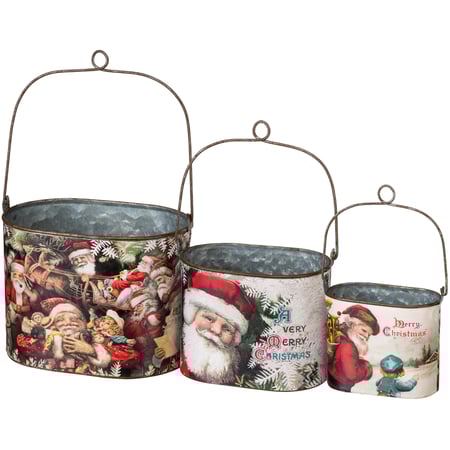 Vintage Santas Bucket Set - Metal, Paper