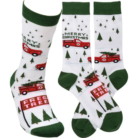 Truck And Tree Merry Christmas Socks - Cotton, Nylon, Spandex