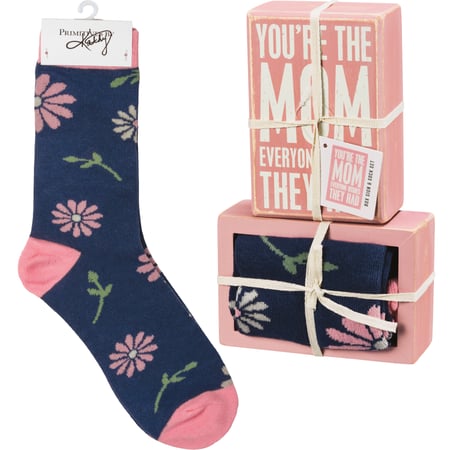 You're The Mom Box Sign And Sock Set - Wood, Cotton, Nylon, Spandex, Ribbon