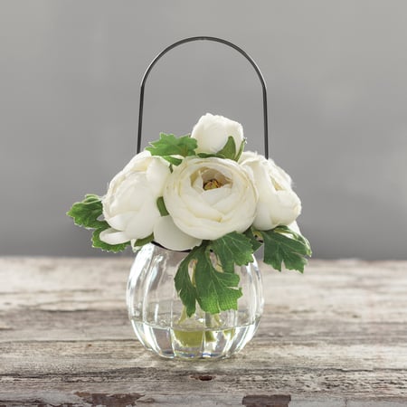 White Ranunculus Vase - Glass, Plastic, Fabric, Wire