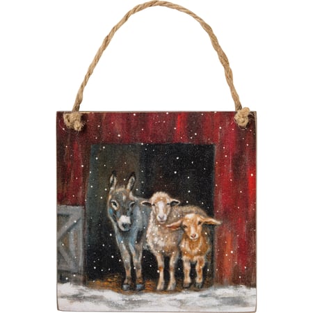 Snowy Farm Family Ornament - Wood, Jute