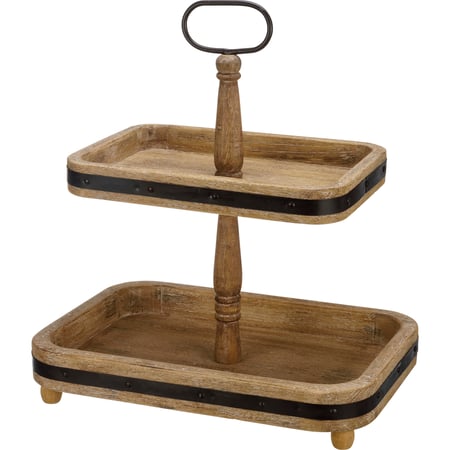 Two Tiered Rectangle Tray - Wood, Metal