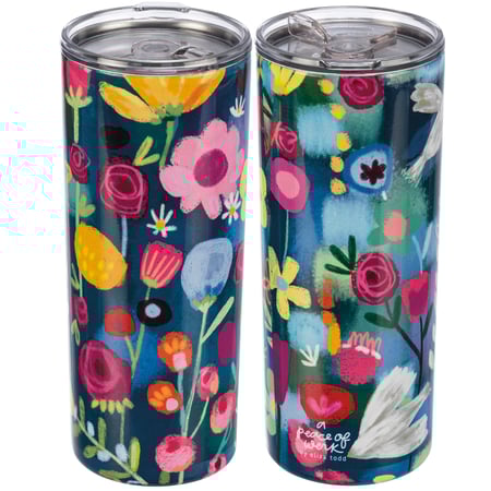 Blue Floral Coffee Tumbler - Stainless Steel, Plastic