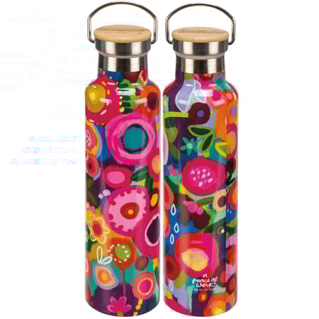Pink Floral Insulated Bottle - Stainless Steel, Bamboo