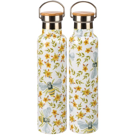 Floral Bee Insulated Bottle - Stainless Steel, Bamboo