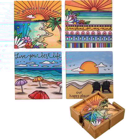 Love & Sunset Coaster Set - Wood, Jute