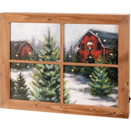 Winter Farm Lighted Window Sign - Wood, Paper, Lights