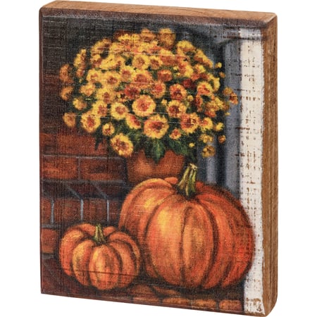 Porch Steps And Pumpkins Block Sign - Wood