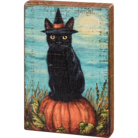 Black Cat Witch Block Sign - Wood