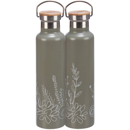 Floral Insulated Bottle - Stainless Steel, Bamboo