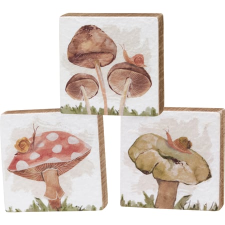 Wild Mushrooms Block Sign Set - Wood, Paper