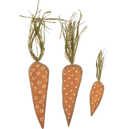 Dotted Wooden Carrot Set - Wood, Raffia