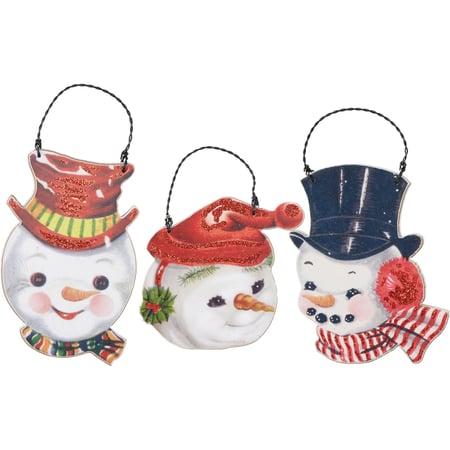 Vintage Snowmen Ornament Set - Wood, Paper, Glitter, Wire