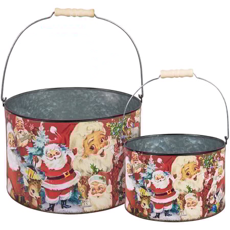 Retro Santa Bucket Set - Metal, Paper, Wood