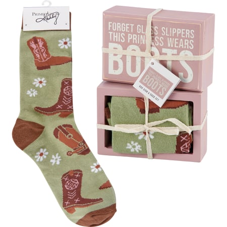 Princess Wears Boots Box Sign And Sock Set - Wood, Cotton, Nylon, Spandex, Ribbon