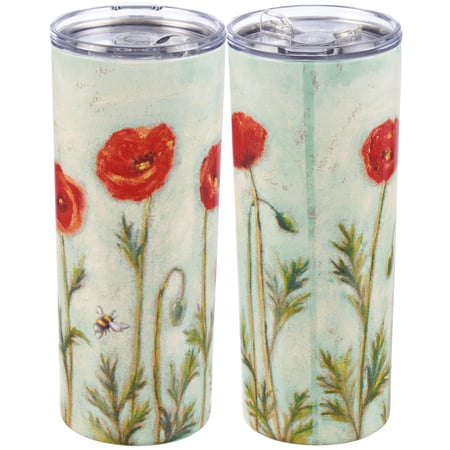 Poppies Coffee Tumbler - Stainless Steel, Plastic