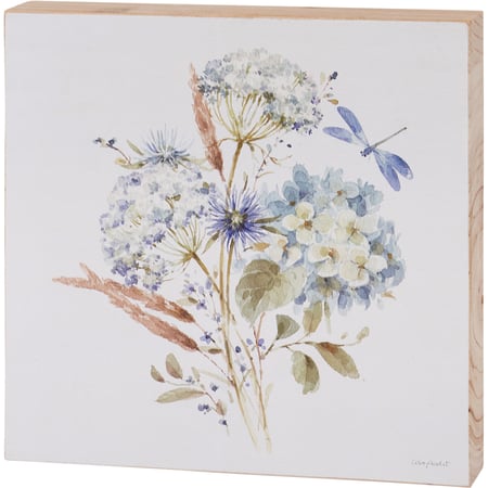 Dragonfly And Flowers Block Sign - Wood, Paper