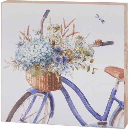Blue Floral Bike Block Sign - Wood, Paper