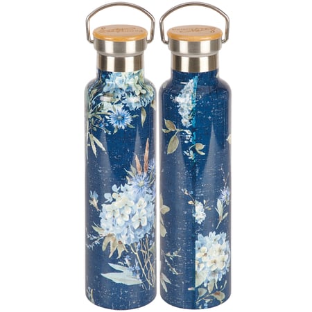 Blue Florals Insulated Bottle - Stainless Steel, Bamboo