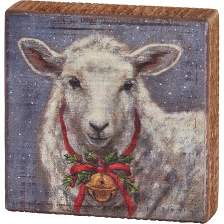 Festive Sheep Block Sign - Wood