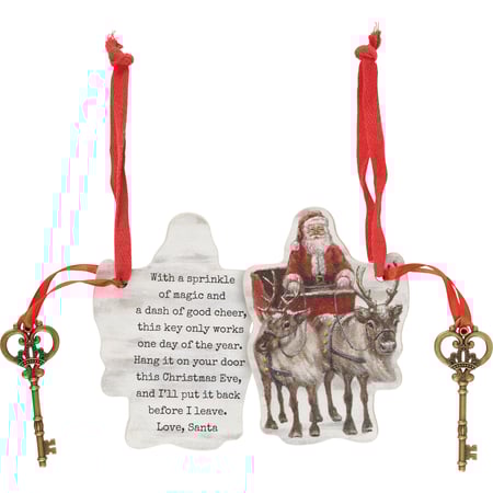 Santa's Sleigh Key Ornament - Wood, Metal, Ribbon