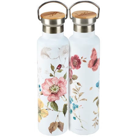 Florals Insulated Bottle - Stainless Steel, Bamboo