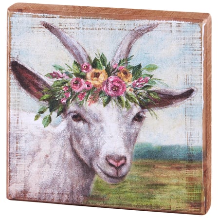 Floral Crown Goat  Block Sign - Wood