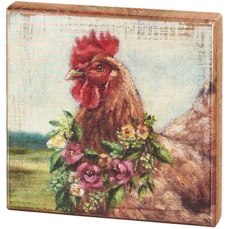 Floral Chicken Block Sign - Wood