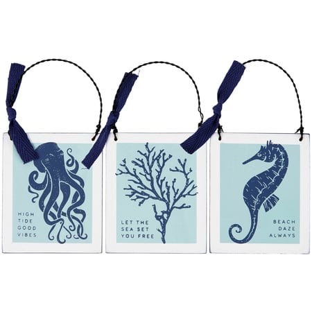 Sea Creatures Ornament Set - Wood, Wire, Ribbon