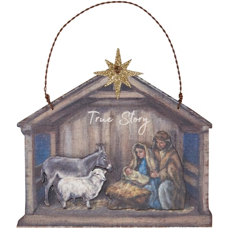 True Story Nativity Ornament - Wood, Wire, Metal, Glitter
