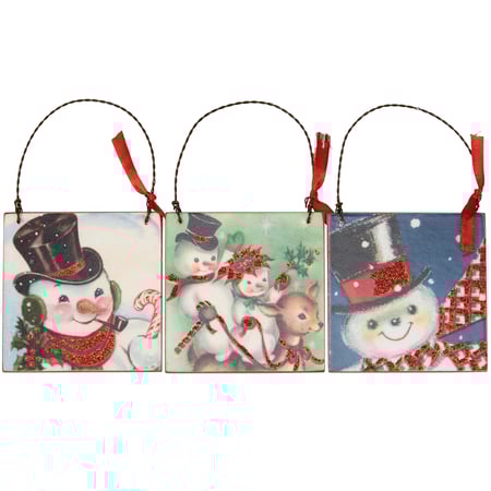 Retro Snowmen Ornament Set - Wood, Paper, Wire, Ribbon, Glitter