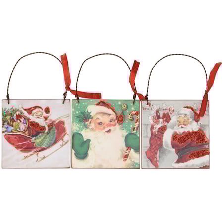 Retro Santa Ornament Set - Wood, Paper, Wire, Ribbon, Glitter