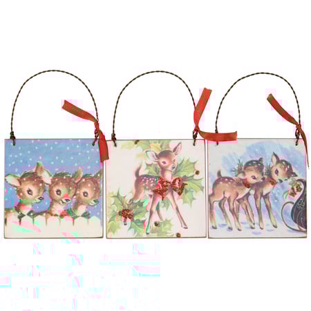Christmas Deer Ornament Set - Wood, Paper, Wire, Ribbon, Glitter