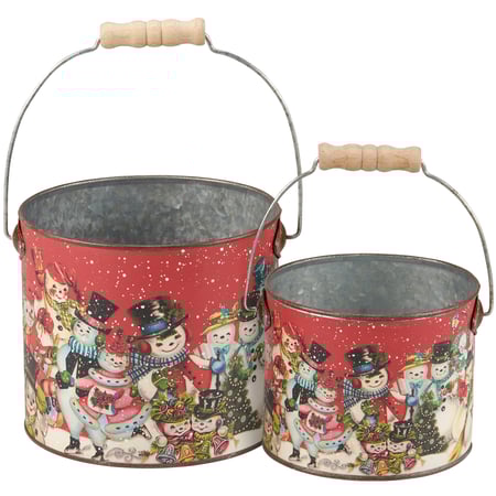 Retro Snowmen Bucket Set - Metal, Paper, Wood