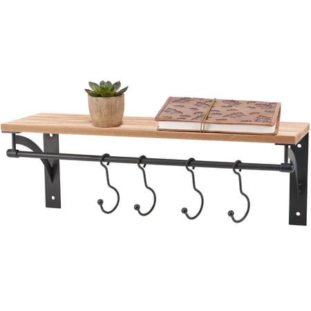 Floating Hooks Shelf - Wood, Metal