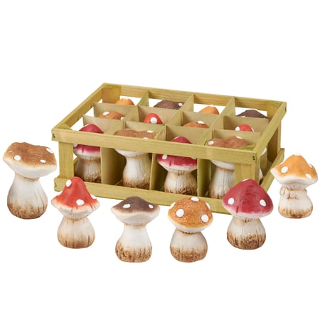 Small Mushrooms Figurine Set - Stoneware, Wood