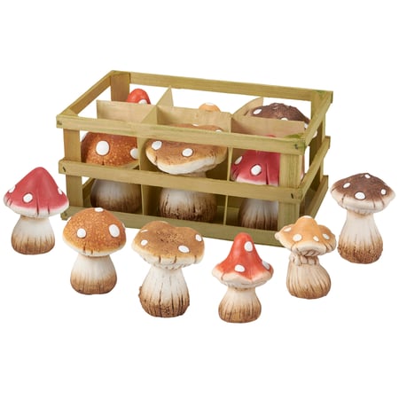 Medium Mushrooms Figurine Set - Stoneware, Wood