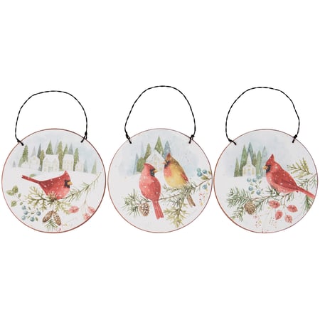 Winter Cardinal Ornament Set - Wood, Paper, Wire