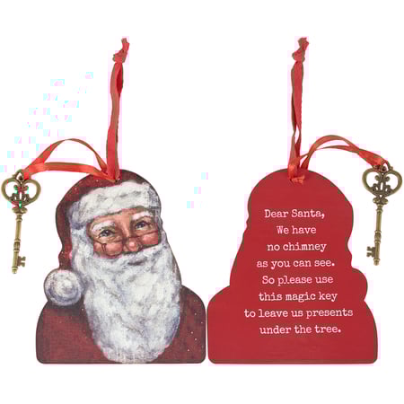 Merry Santa Key Ornament - Wood, Metal, Ribbon