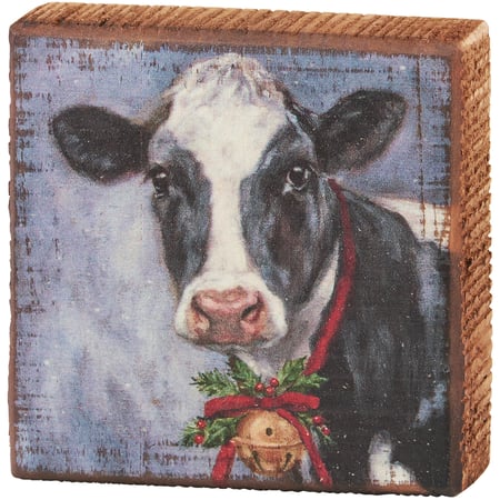 Festive Cow Block Sign - Wood
