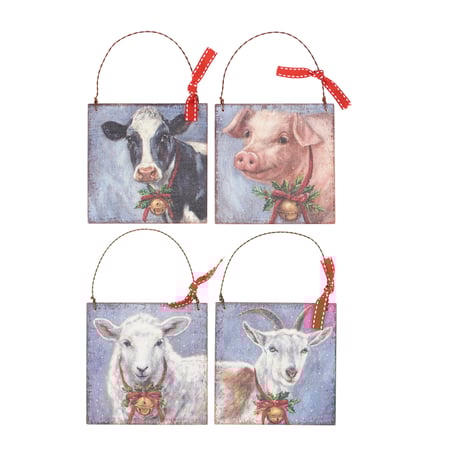 Festive Farm Ornament Set - Wood, Wire, Ribbon
