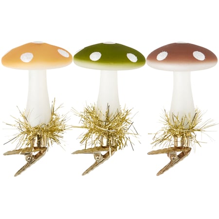 Glass Mushrooms Ornament Set - Glass, Metal, Tinsel