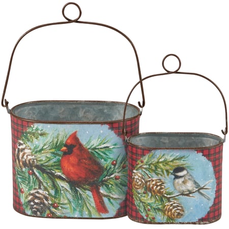Cardinal And Friend Bucket Set - Metal, Paper